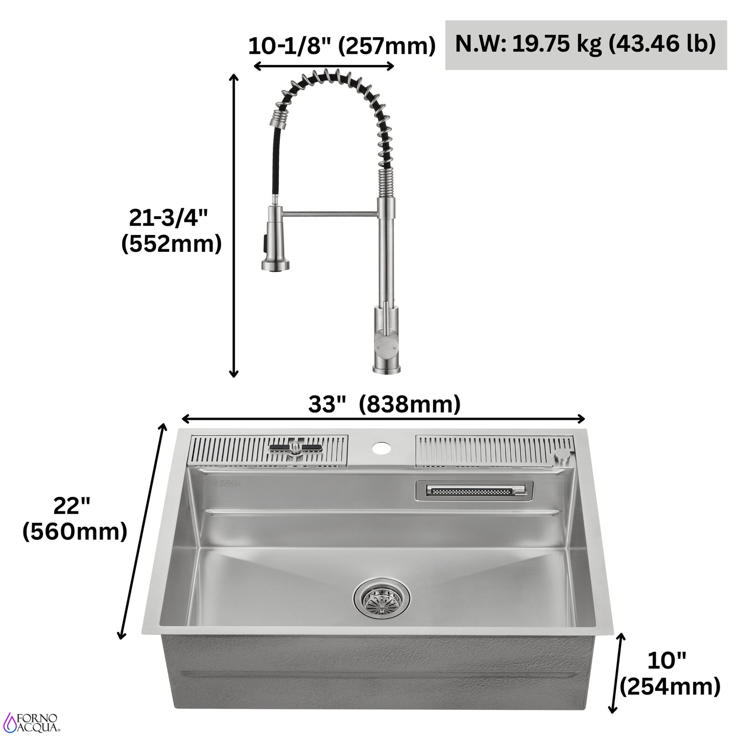 FORNO ACQUA MultiSINK kit with Integrated Waterfall Rinsing and Glass Washing Station. Includes Chef Faucet and Accessories.