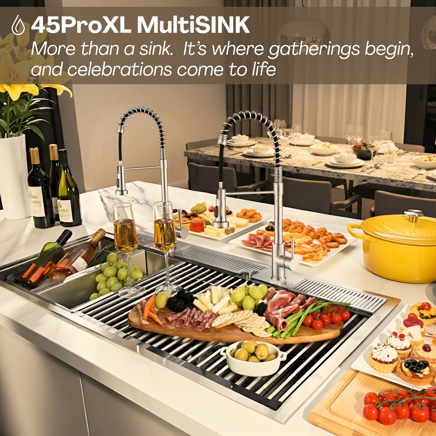 FORNO ACQUA 45 in. Drop-In/Undermount 3-Level Workstation Sink with Two Faucets & Glass Rinser