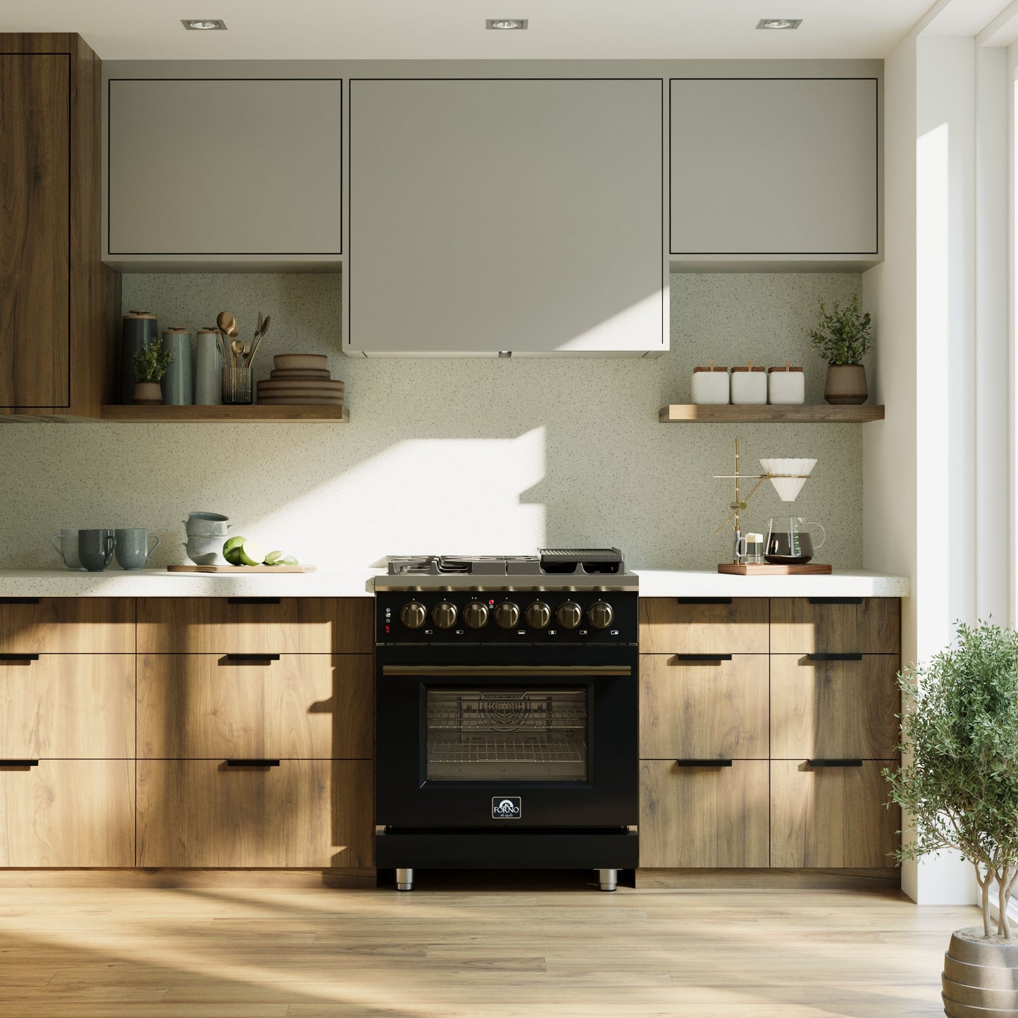 Forno Massimo 30 Inch Freestanding Dual Fuel Range in Black with Antique Brass Accessories, 4 Burners, 4.32 cu. ft. Convection Oven