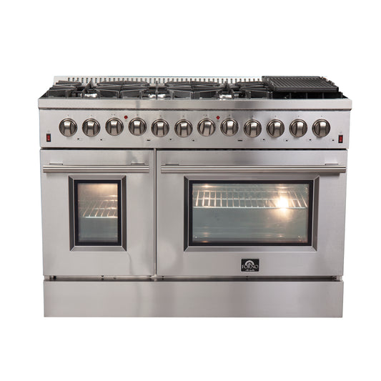 FORNO Premium 2-Piece Kitchen Bundle - Galiano 48" Stainless Steel Dual Fuel Range, Forno Maderno 2-28 " Wide Units with Decorative Trim - FBDL-017-03CAUS