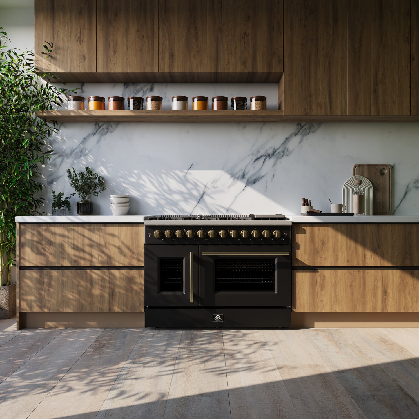 Forno Galiano 48-inch French Door Dual Fuel Range, Black & Antique Brass Design, 8 Sealed Burners - 107,000 BTU, Griddle, 6.58 cu.ft. Double Ovens