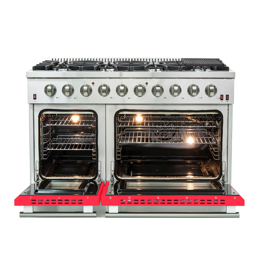 Forno Galiano 48-Inch Freestanding Gas Range, Stainless Steel, 8 Burners, 107,000 BTU, Griddle, Double Ovens, Energy Efficient, Red Doors