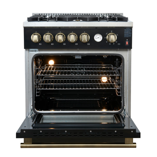 Giovanni 30-inch Gas Range Black & Antique Brass Design, 5 Burners 67,000 BTU, 4.32 cu.ft. Convection Oven