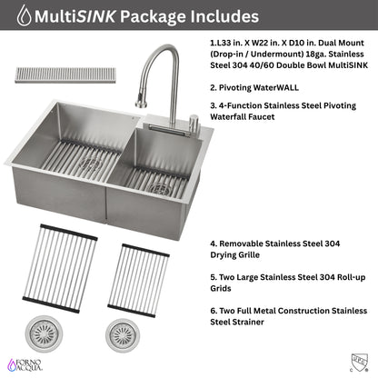 FORNO ACQUA 33 in. Drop-In/Undermount 40/60 Double Bowl Stainless Steel Sink with Waterfall Faucet