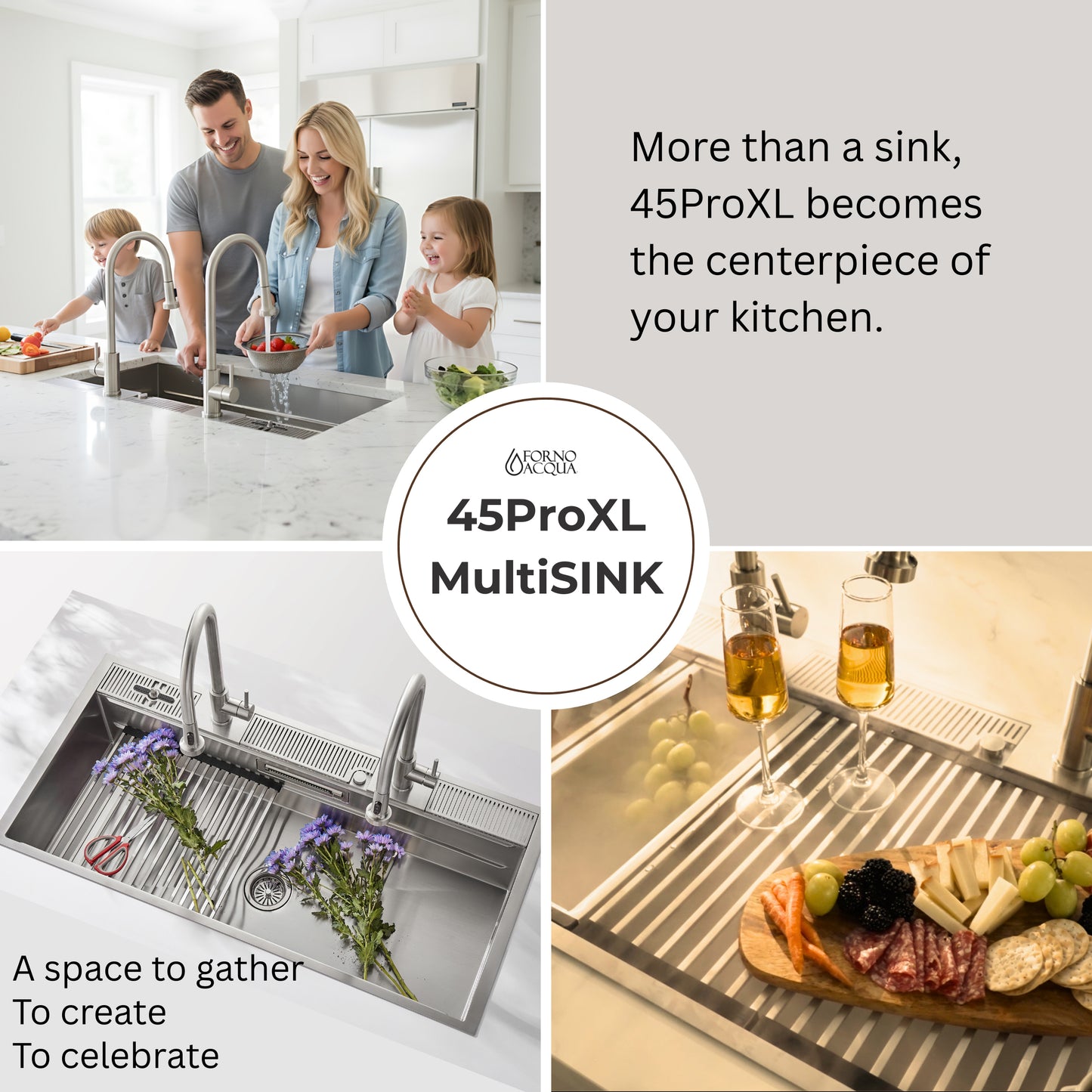 FORNO ACQUA 45 in. Drop-In/Undermount 3-Level Workstation Sink with Two Faucets & Glass Rinser