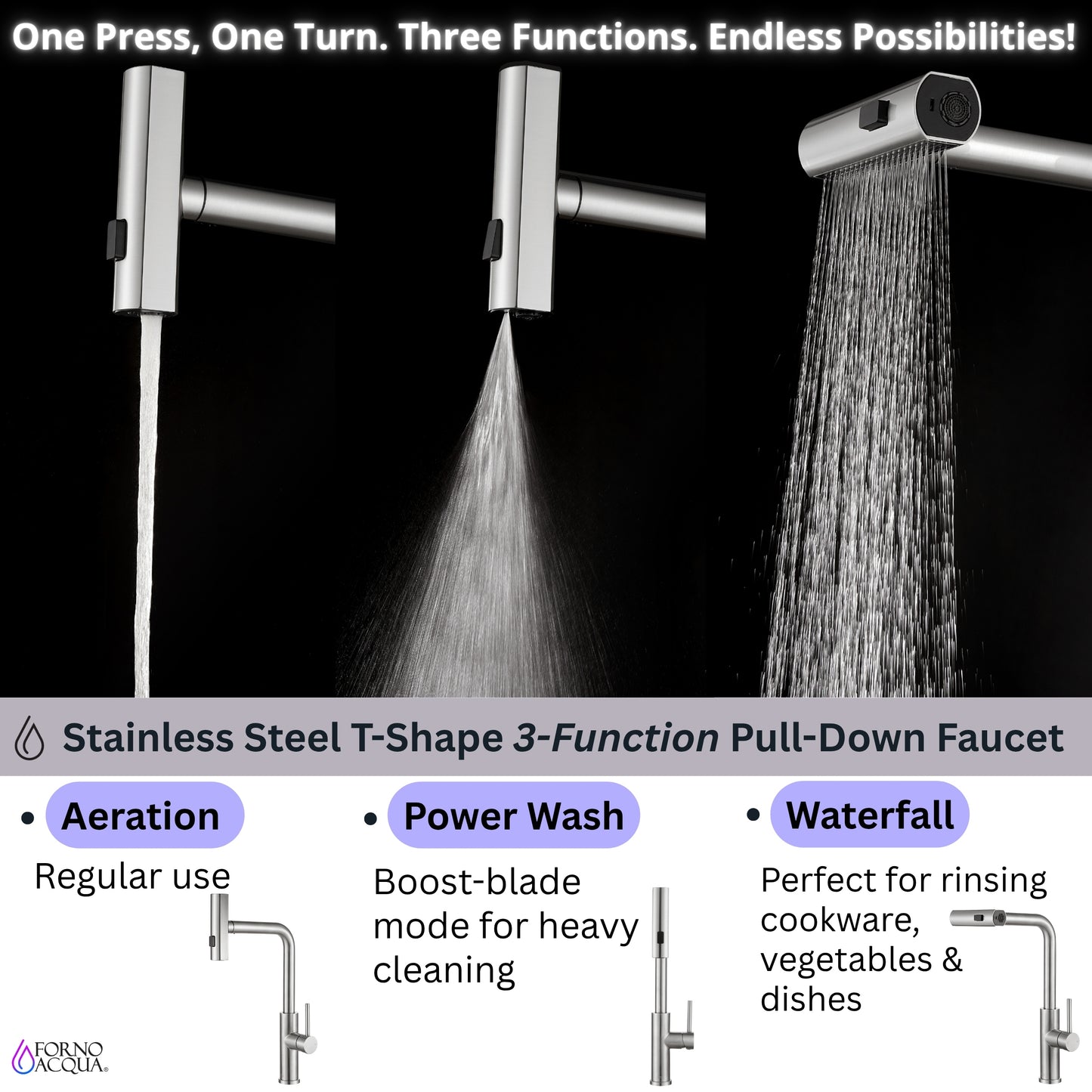 FORNO ACQUA 33 in. Drop-In/Undermount 3-Level Workstation Sink with Waterfall Faucet & Glass Rinser