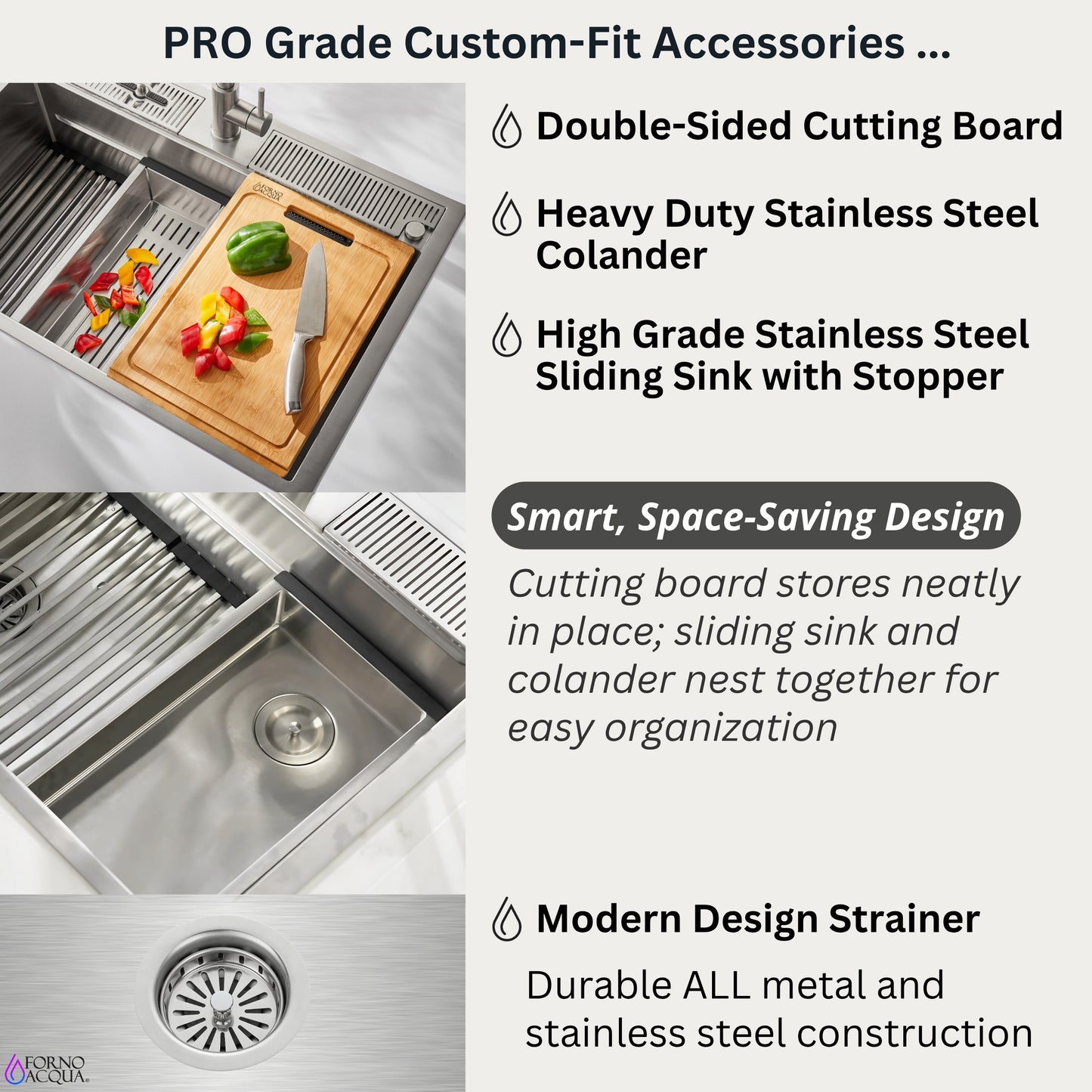 FORNO ACQUA MultiSINK kit with Integrated Waterfall Rinsing and Glass Washing Station.  Includes Chef Faucet and Accessories.