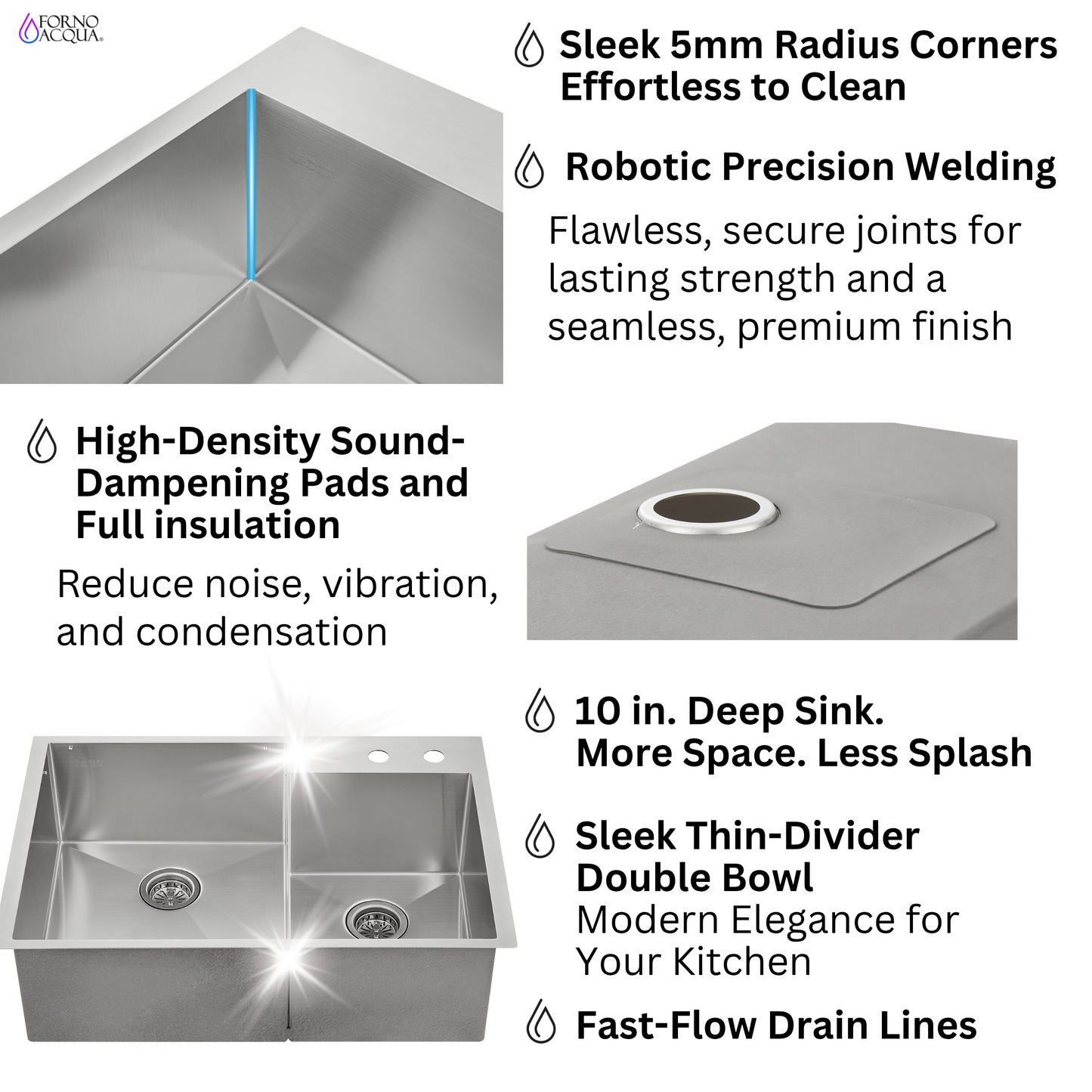 FORNO ACQUA 33 in. Drop-In/Undermount 40/60 Double Bowl Stainless Steel Sink with Waterfall Faucet