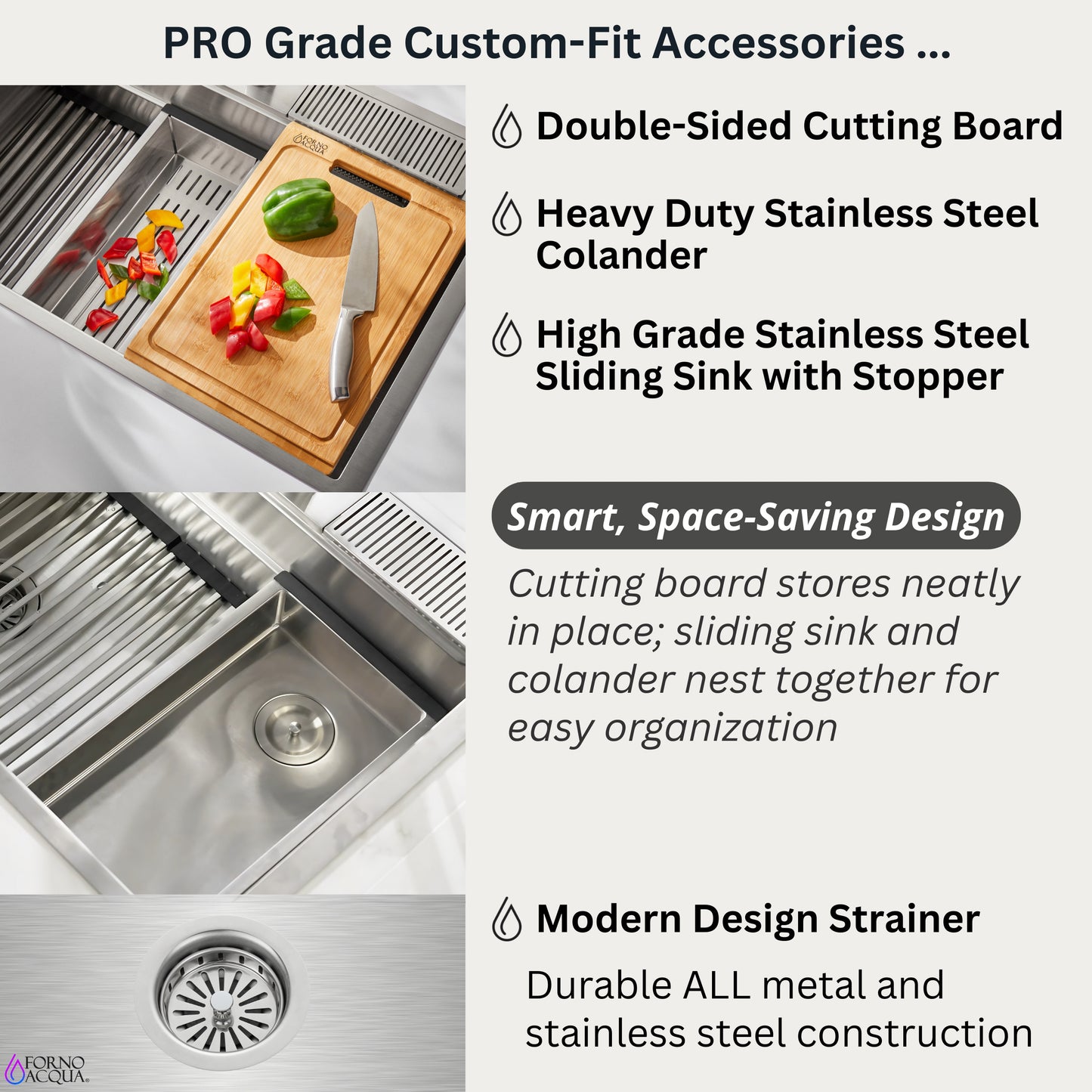 FORNO ACQUA 33 in. Drop-In/Undermount 3-Level Workstation Sink with Faucet, Waterfall & Glass Rinser