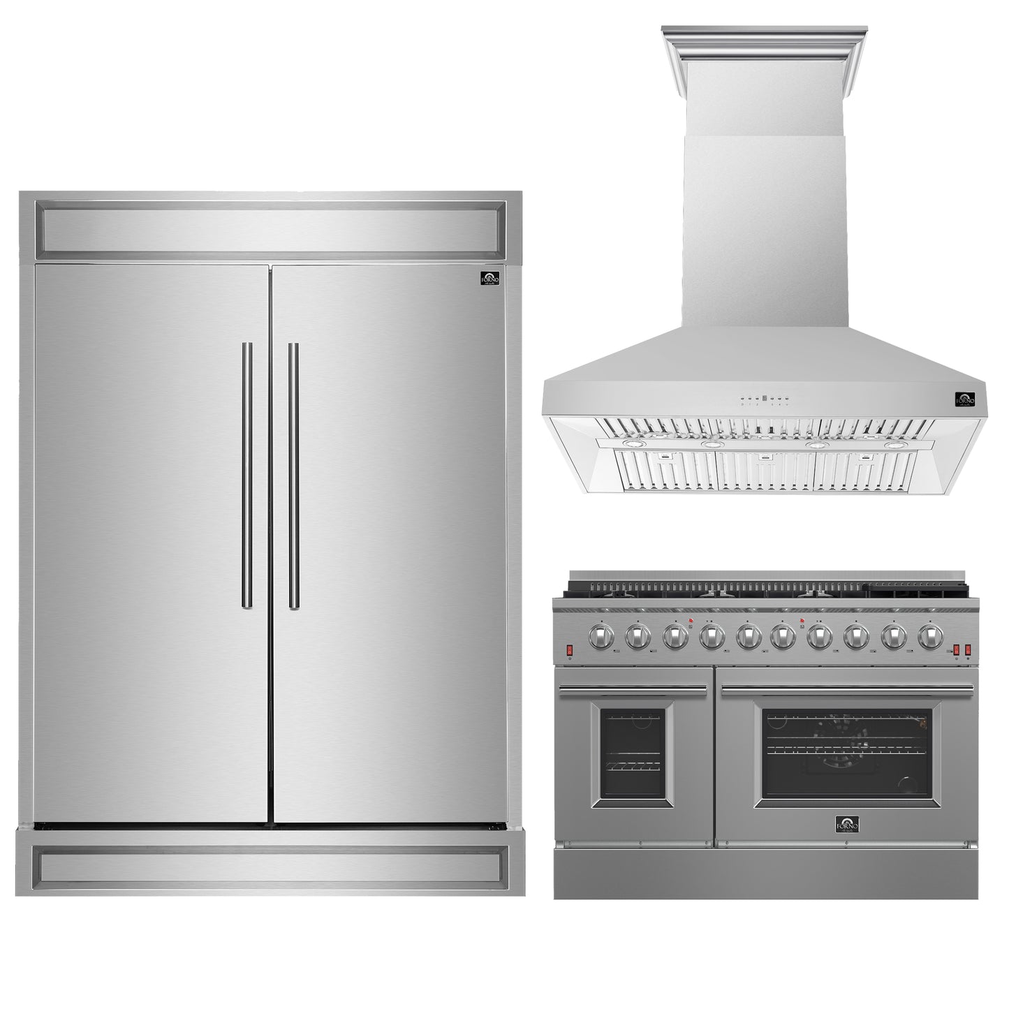 FORNO Premium 3-Piece Kitchen Bundle - FORNO Galiano 48" Freestanding Gas Range, FORNO Maderno 60" 2-Piece Convertible Refrigerator/Freezer Built-In with Decorative Grill Trim, 27.2 cu.ft., FORNO Orvieto 48" Wall Mount Range Hood - FBDL-018-04CAUS