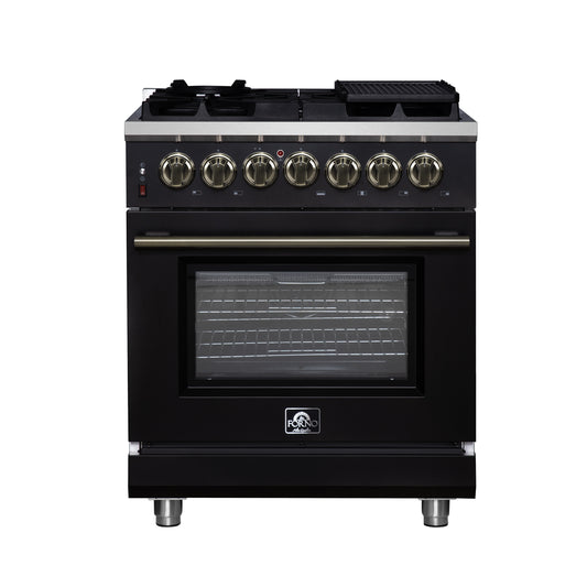 Forno Massimo 30 Inch Freestanding Dual Fuel Range in Black with Antique Brass Accessories, 4 Burners, 4.32 cu. ft. Convection Oven