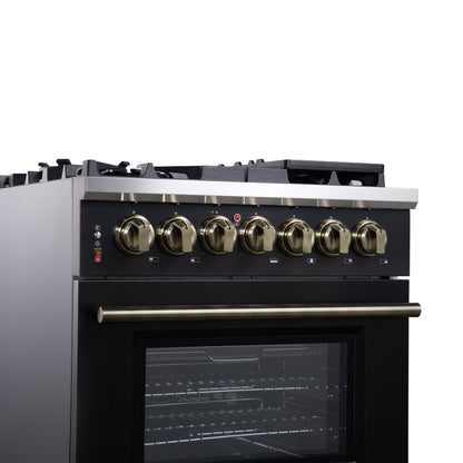 Forno Massimo 30 Inch Freestanding Dual Fuel Range in Black with Antique Brass Accessories, 4 Burners, 4.32 cu. ft. Convection Oven