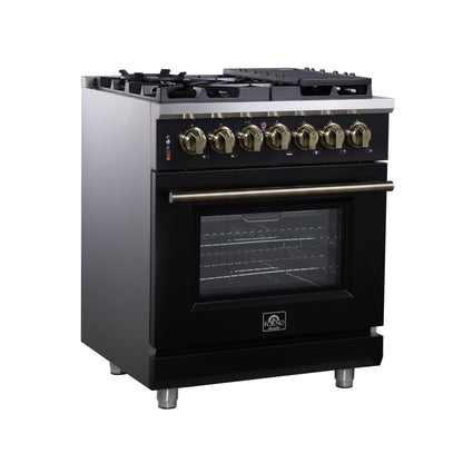 Forno Massimo 30 Inch Freestanding Dual Fuel Range in Black with Antique Brass Accessories, 4 Burners, 4.32 cu. ft. Convection Oven