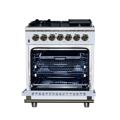 Forno Massimo 30 Inch Freestanding Dual Fuel Range in White with Antique Brass Accessories, 4 Burners, 4.32 cu. ft. Convection Oven