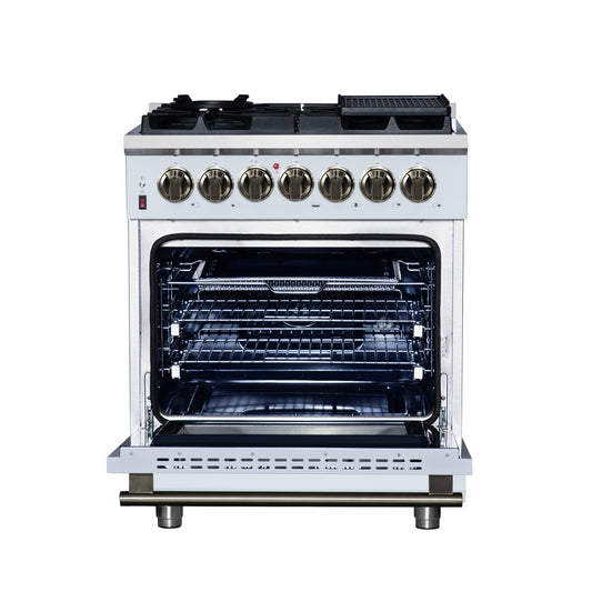 Forno Massimo 30 Inch Freestanding Dual Fuel Range in White with Antique Brass Accessories, 4 Burners, 4.32 cu. ft. Convection Oven