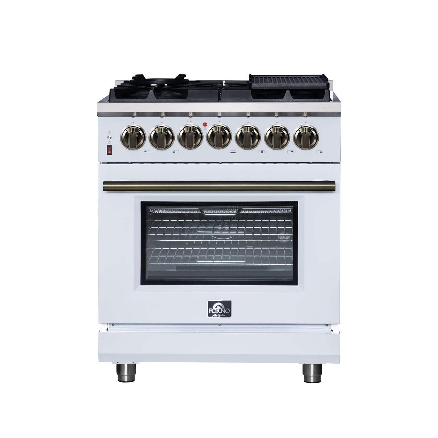 Forno Massimo 30 Inch Freestanding Dual Fuel Range in White with Antique Brass Accessories, 4 Burners, 4.32 cu. ft. Convection Oven