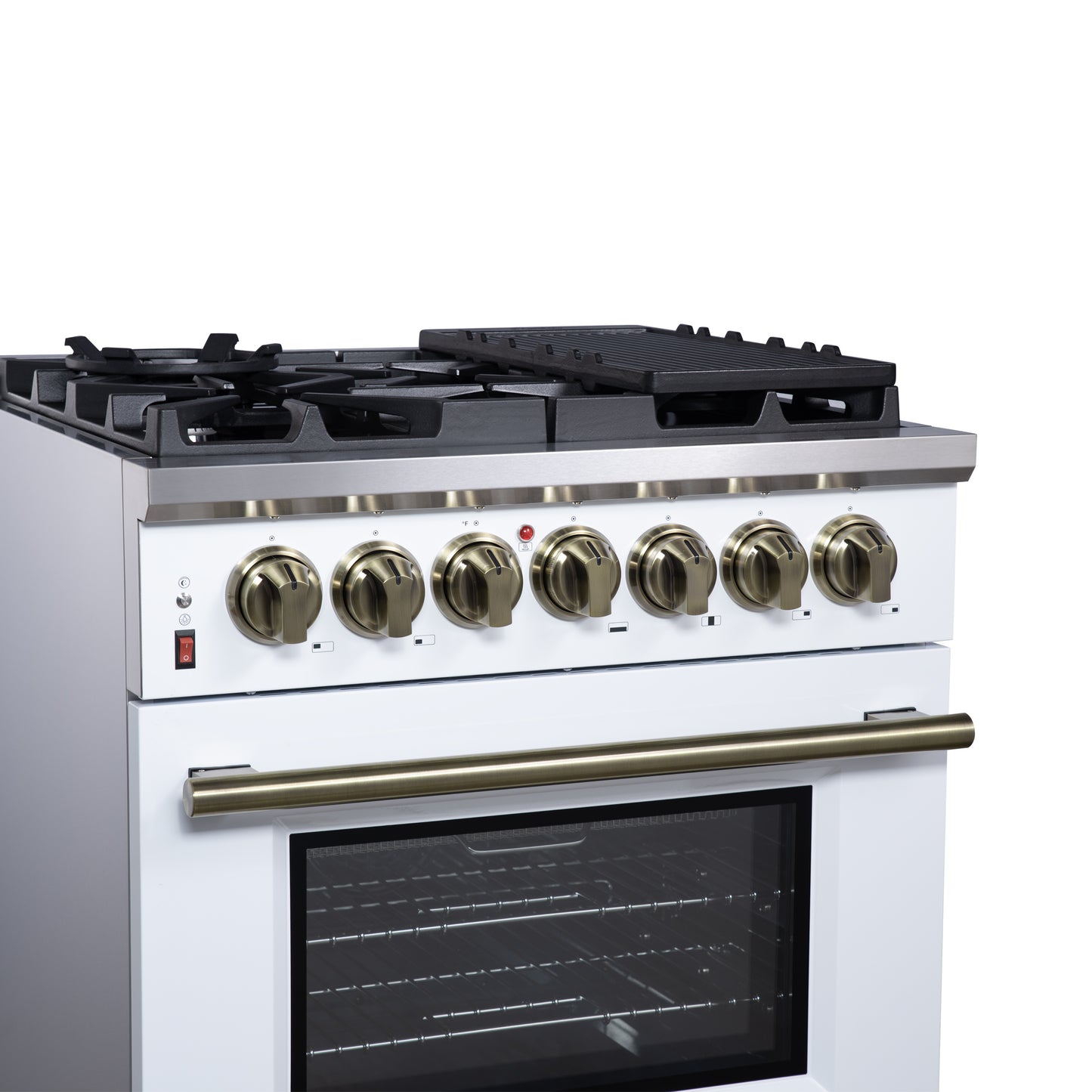 Forno Massimo 30 Inch Freestanding Dual Fuel Range in White with Antique Brass Accessories, 4 Burners, 4.32 cu. ft. Convection Oven