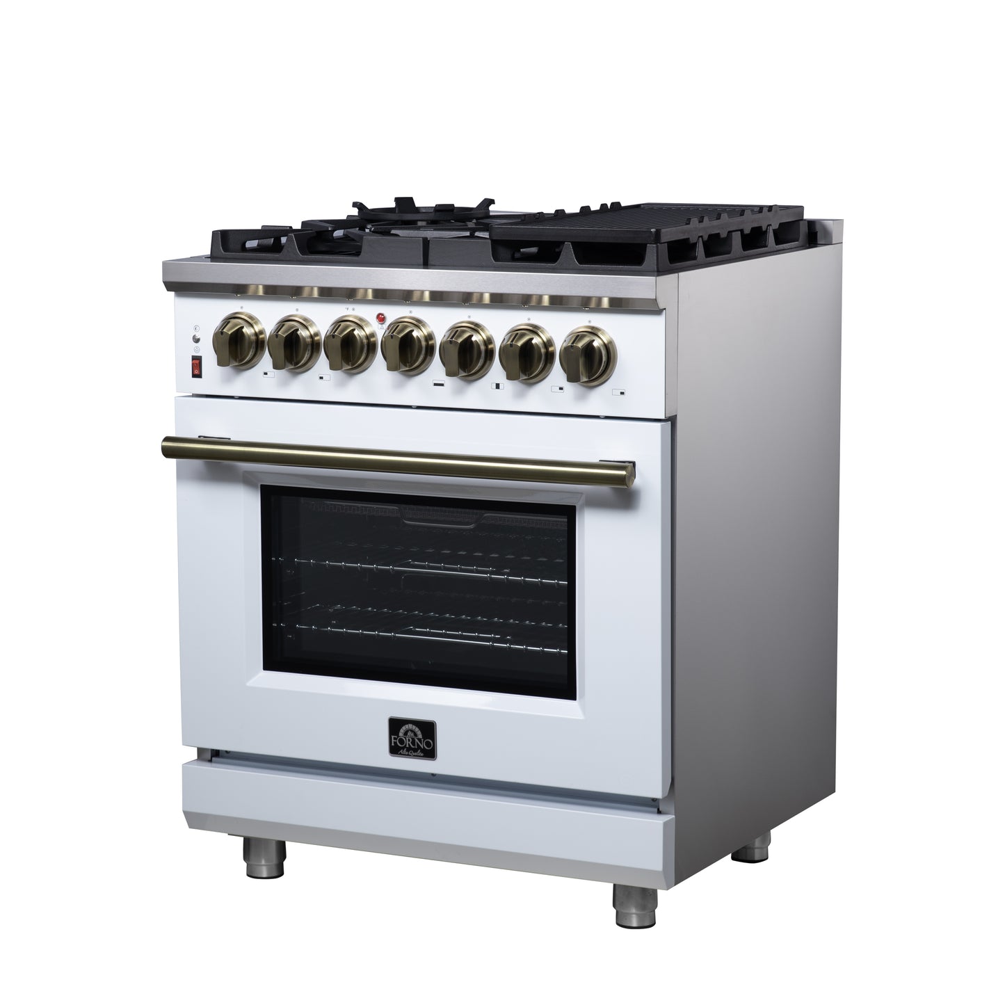 Forno Massimo 30 Inch Freestanding Dual Fuel Range in White with Antique Brass Accessories, 4 Burners, 4.32 cu. ft. Convection Oven
