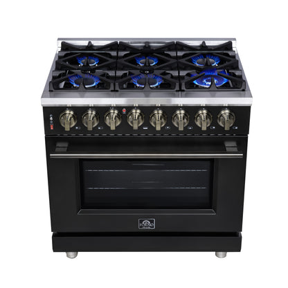 Forno Massimo 36 Inch Freestanding Dual Fuel Range in Black with Antique Brass Accessories, 6 Burners, 5.36 cu. ft. Convection Oven