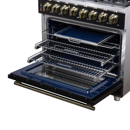 Forno Massimo 36 Inch Freestanding Dual Fuel Range in Black with Antique Brass Accessories, 6 Burners, 5.36 cu. ft. Convection Oven