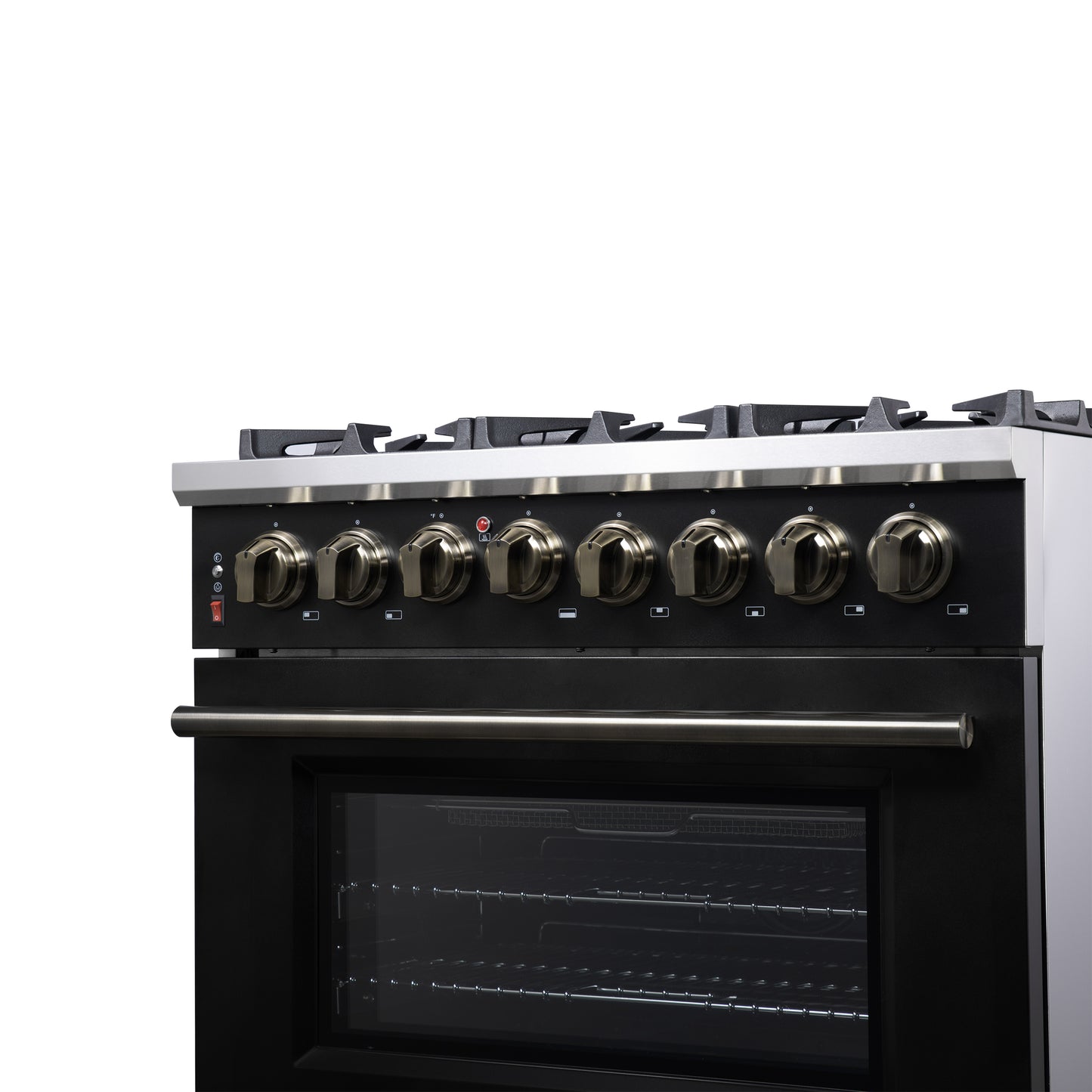 Forno Massimo 36 Inch Freestanding Dual Fuel Range in Black with Antique Brass Accessories, 6 Burners, 5.36 cu. ft. Convection Oven