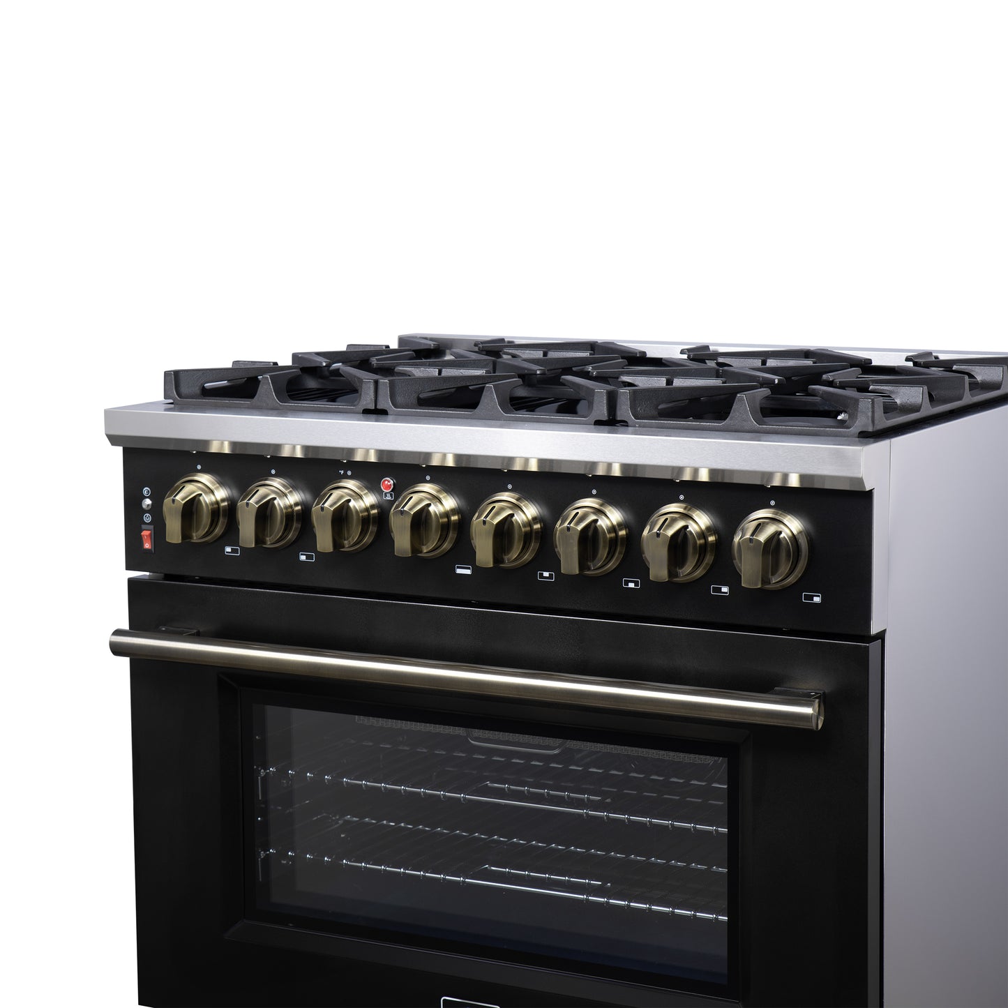 Forno Massimo 36 Inch Freestanding Dual Fuel Range in Black with Antique Brass Accessories, 6 Burners, 5.36 cu. ft. Convection Oven