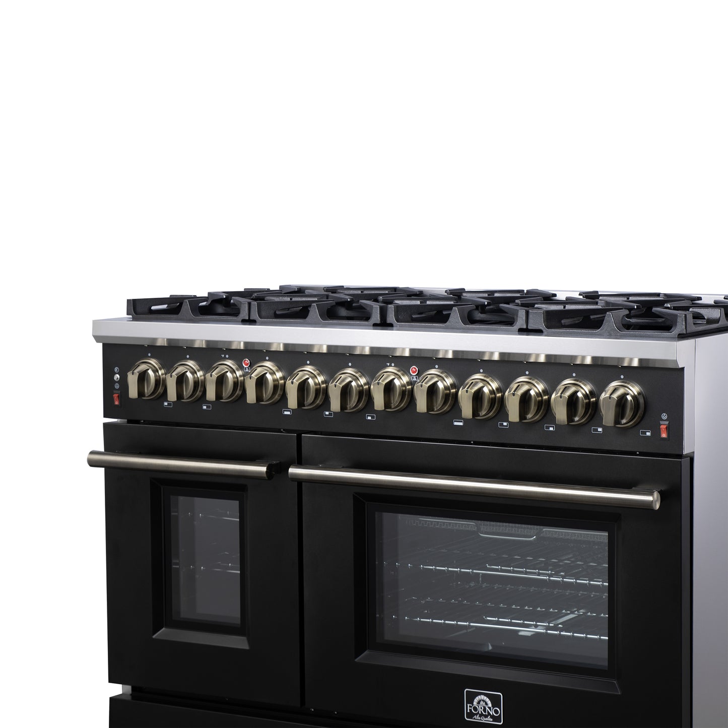 Forno Massimo 48 Inch Freestanding Dual Fuel Range in Black with Antique Brass Accessories, 8 Burners, 6.58 cu. ft. Convection Oven