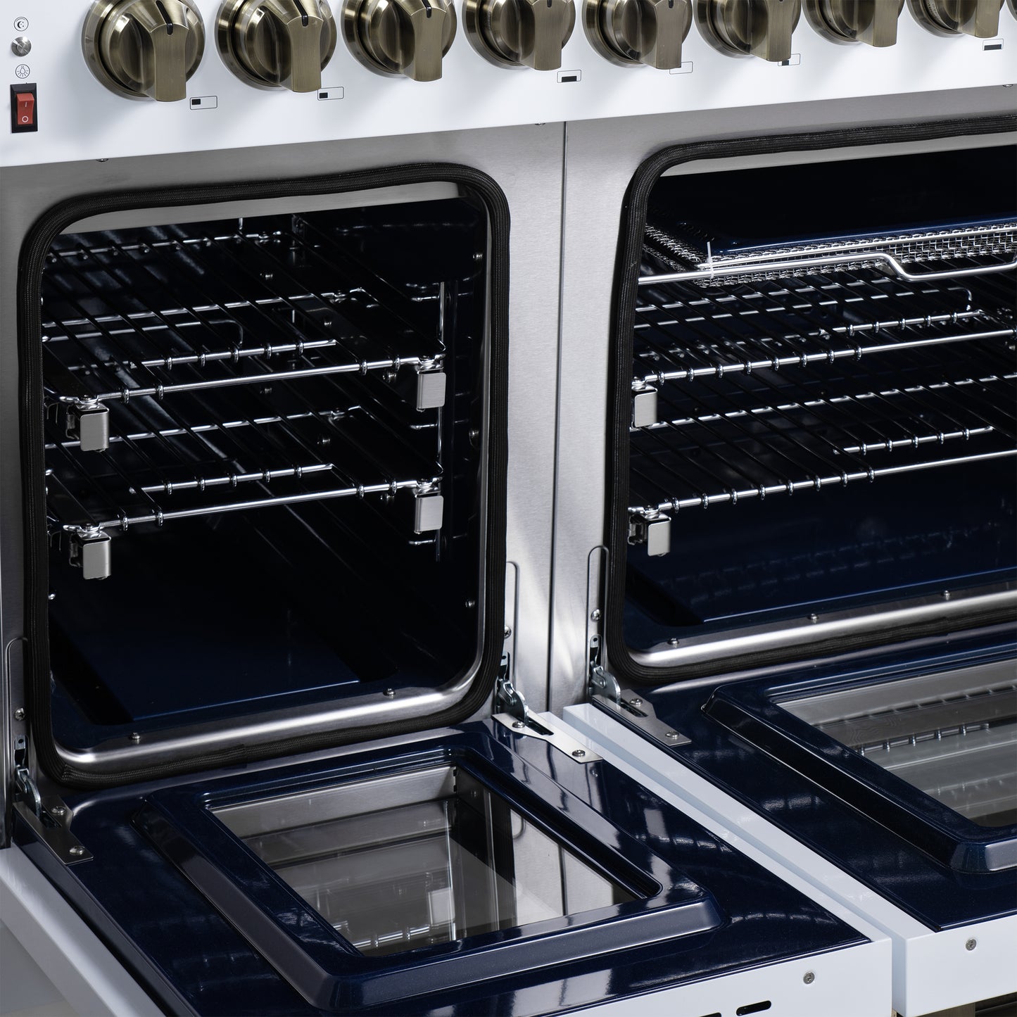 Forno Massimo 48 Inch Freestanding Dual Fuel Range in White with Antique Brass Accessories, 8 Burners, 6.58 cu. ft. Convection Oven