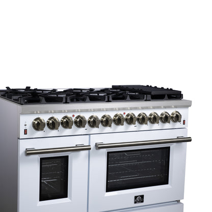 Forno Massimo 48 Inch Freestanding Dual Fuel Range in White with Antique Brass Accessories, 8 Burners, 6.58 cu. ft. Convection Oven