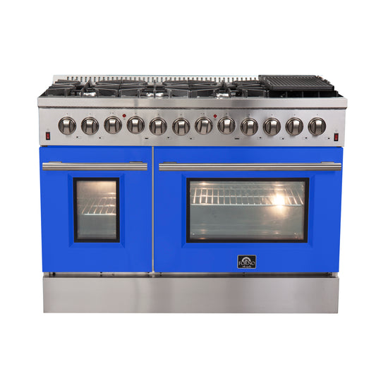Forno Galiano 48-Inch Freestanding Dual Fuel Range, 8 Burners, Double Convection Ovens, Blue Doors