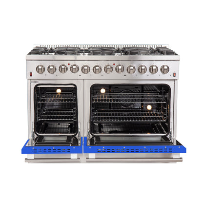 Forno Galiano 48-Inch Freestanding Dual Fuel Range, 8 Burners, Double Convection Ovens, Blue Doors