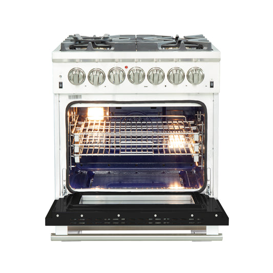 Forno Capriasca 30-Inch Freestanding Dual Fuel Range, 4 Burners, True Convection Oven, Black Door