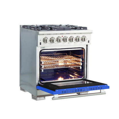 Forno Capriasca 30-Inch Freestanding Dual Fuel Range, 4 Burners, True Convection Oven, Blue Door
