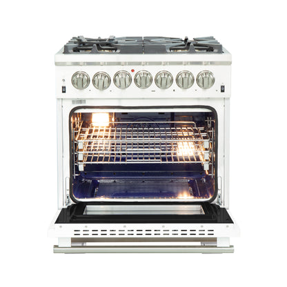 Forno Capriasca 30-Inch Freestanding Dual Fuel Range, 4 Burners, True Convection Oven, White Door