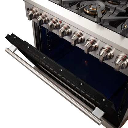 Forno Capriasca 36-Inch Freestanding Dual Fuel Range, 6 Burners, True Convection Oven, Black Door