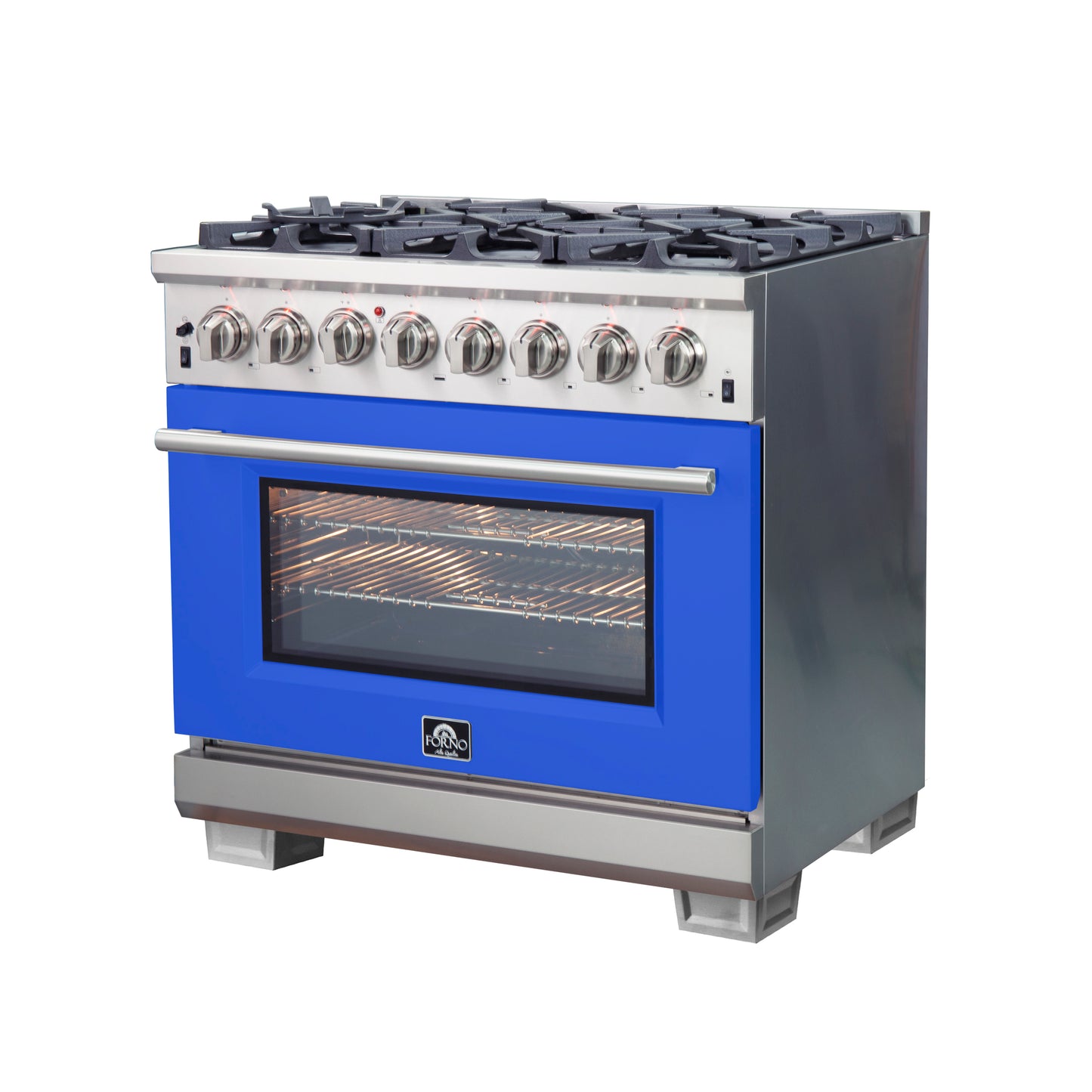 Forno Capriasca 36-Inch Freestanding Dual Fuel Range, 6 Burners, True Convection Oven, Blue Door