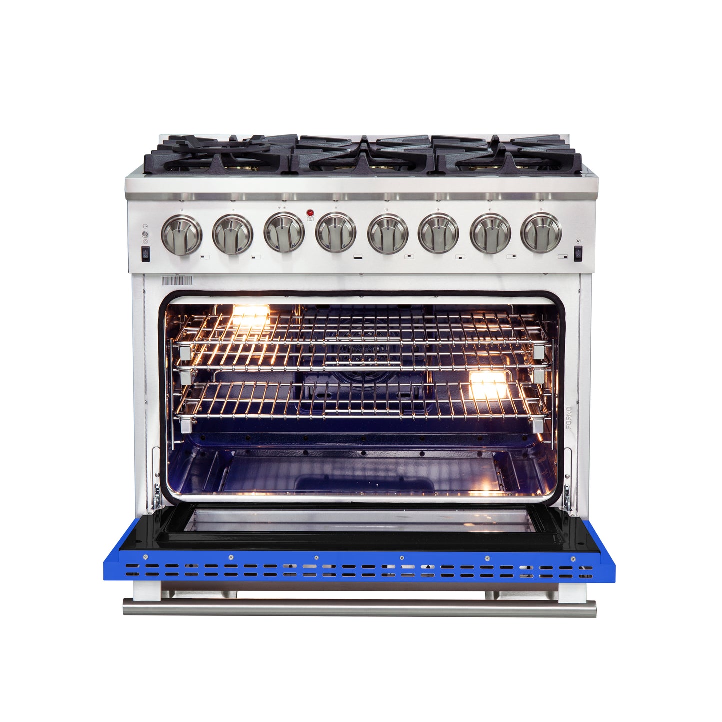 Forno Capriasca 36-Inch Freestanding Dual Fuel Range, 6 Burners, True Convection Oven, Blue Door