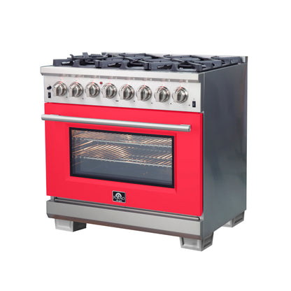 Forno Capriasca 36-Inch Freestanding Dual Fuel Range, 6 Burners, True Convection Oven, Red Door