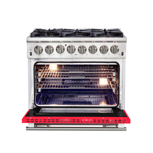 Forno Capriasca 36-Inch Freestanding Dual Fuel Range, 6 Burners, True Convection Oven, Red Door