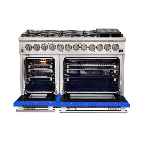 Forno Capriasca 48-Inch Freestanding Dual Fuel Range, 8 Burners, True Convection Oven, Blue Doors