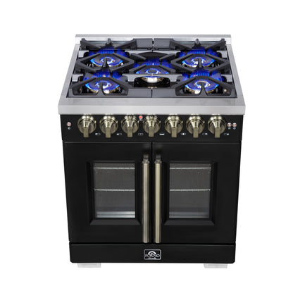 Forno Capriasca 30 Inch Freestanding French Door Dual Fuel Range in Black with Antique Brass Accessories, 5 Burners, True Convection Oven