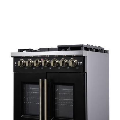 Forno Capriasca 30 Inch Freestanding French Door Dual Fuel Range in Black with Antique Brass Accessories, 5 Burners, True Convection Oven