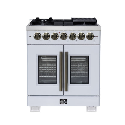Forno Capriasca 30 Inch Freestanding French Door Dual Fuel Range in White with Antique Brass Accessories, 5 Burners, True Convection Oven