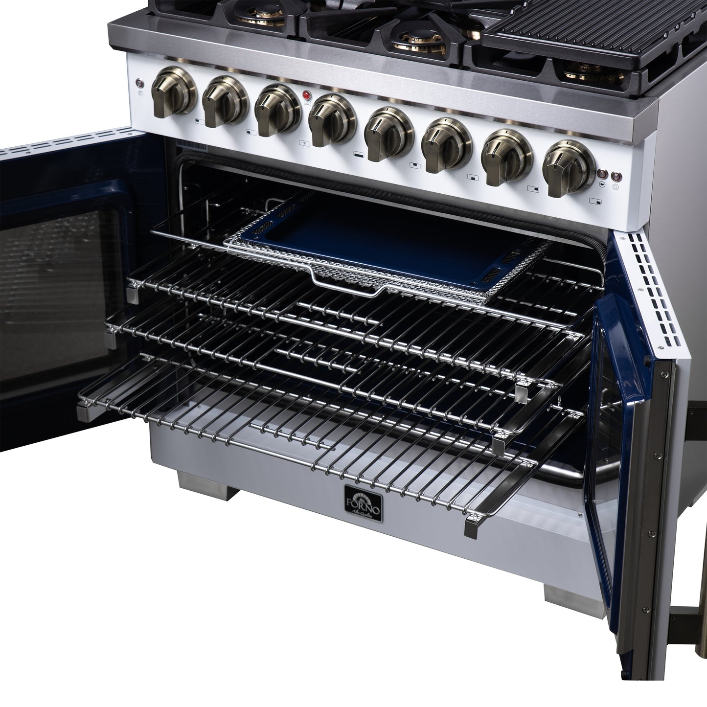 Forno Capriasca 36 Inch Freestanding French Door Dual Fuel Range in White with Antique Brass Accessories, 6 Burners, True Convection Oven