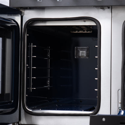 Forno Capriasca 48 Inch Freestanding French Door Dual Fuel Range in Black with Antique Brass Accessories, 8 Burners, True Convection Oven