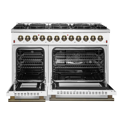 Galiano 48-inch Dual Fuel Range White & Antique Brass Design with 8 Sealed Burners 107,000 BTU, 6.58 cu. ft. double ovens & Griddle