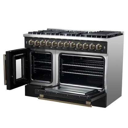 Forno Galiano 48-inch French Door Dual Fuel Range, Black & Antique Brass Design, 8 Sealed Burners - 107,000 BTU, Griddle, 6.58 cu.ft. Double Ovens