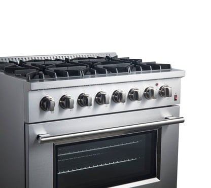 Forno Marco 36-Inch Dual Fuel Range, Stainless Steel, 6 Burners, 67,000 BTU, True Convection Oven, Energy Efficient