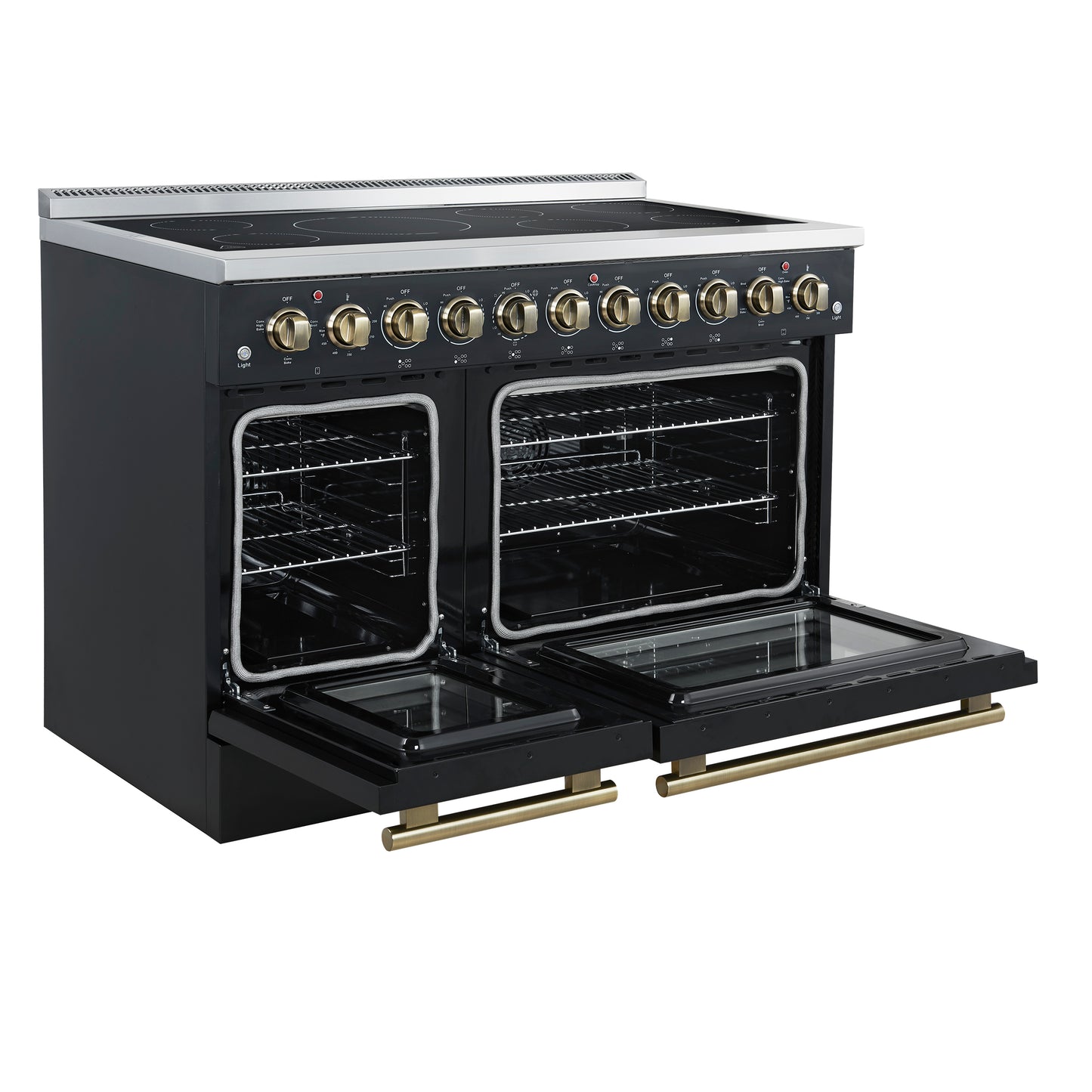 Forno Paolo 48 Inch Freestanding Electric Range in Black with Antique Brass, 6.7 cu.ft, True Convection Oven, Energy Efficient