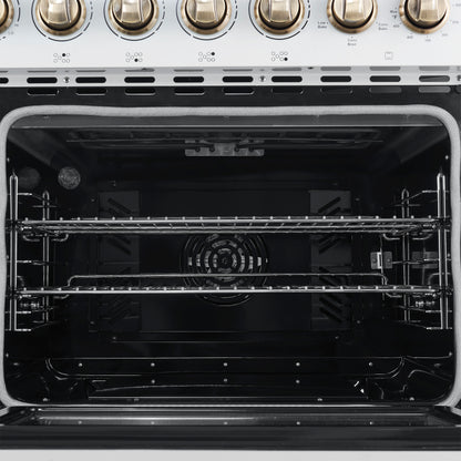 Forno Paolo 48 Inch Freestanding Electric Range in White with Antique Brass, 6.7 cu.ft, True Convection Oven, Energy Efficient